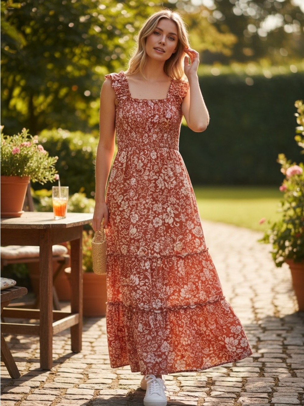 Lucky Brand Floral Tiered Sleeveless Dress Ruffle Details Smocked Waist size XL - Picture 2 of 7